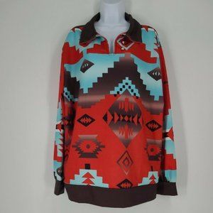 Misslook Women's Shirt Size 2X Aztec Print Stretch Pullover Collared Long Sleeve